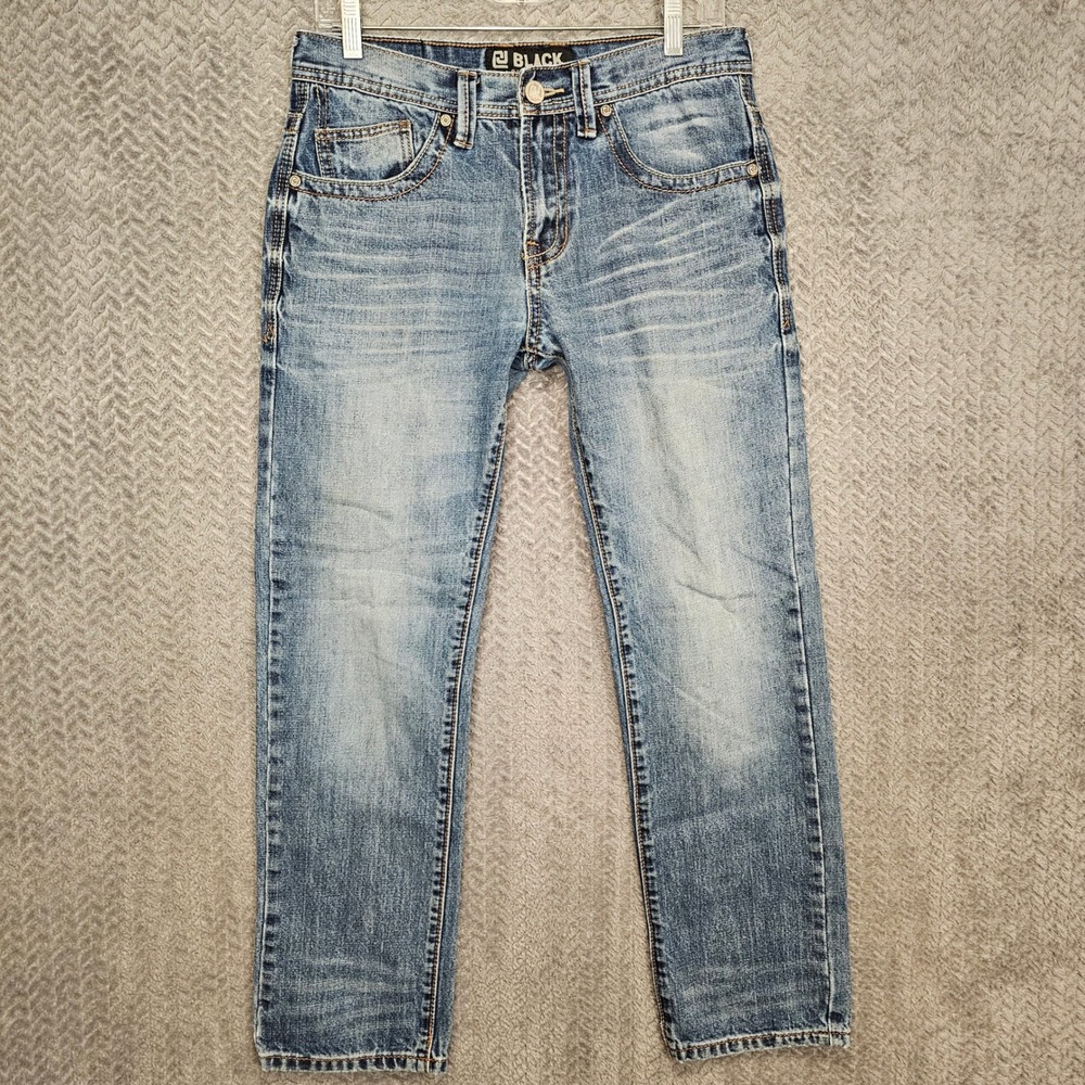 Black Premium Mens Low Rise Slim‎ Straight Jeans 30x30 Medium Wash Embroidered